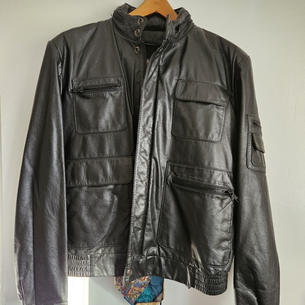 Black leather jacket.